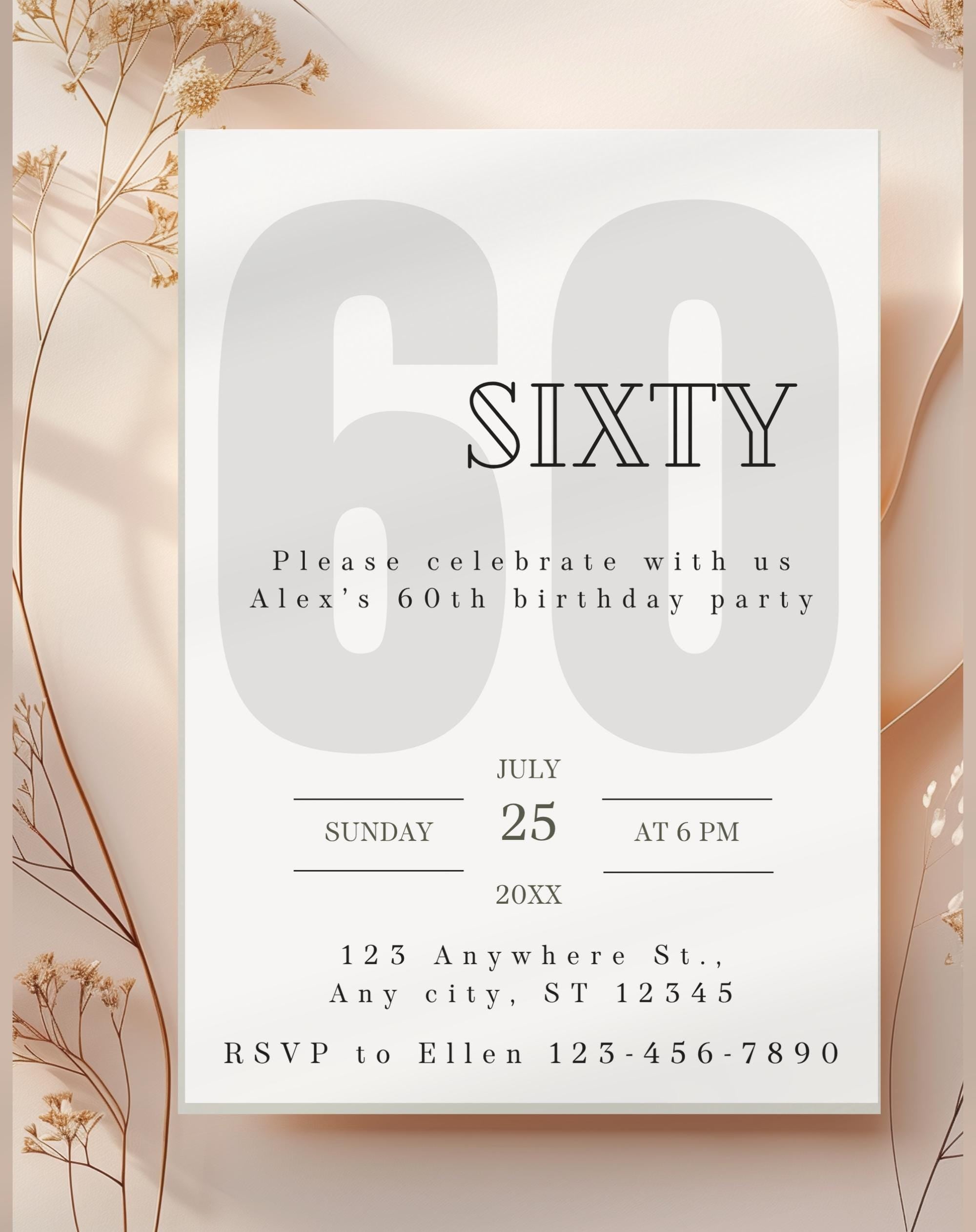60th Black and White Birthday Invitation