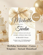 Gold Sheer Bow Birthday Party Invitation