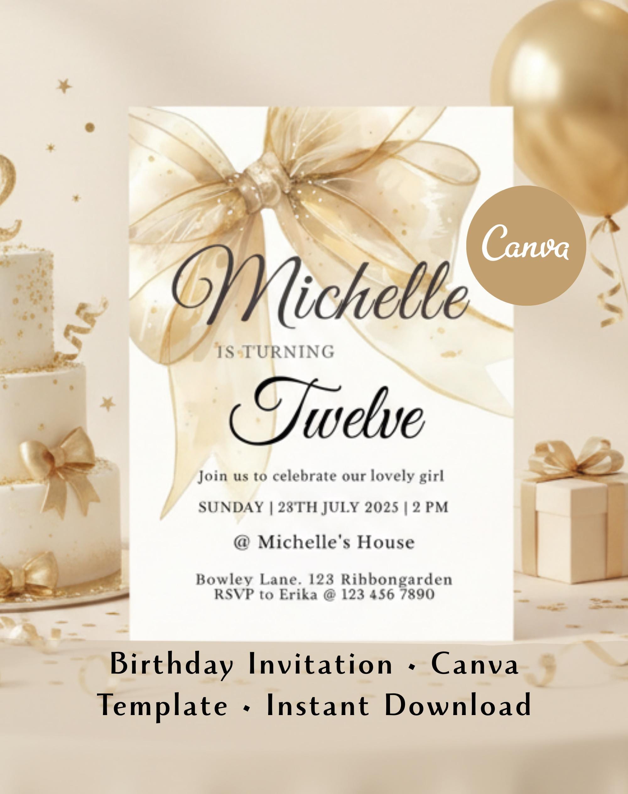 Gold Sheer Bow Birthday Party Invitation
