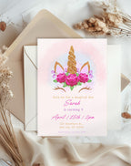 Unicorn Pink Gold Floral Birthday Invitation