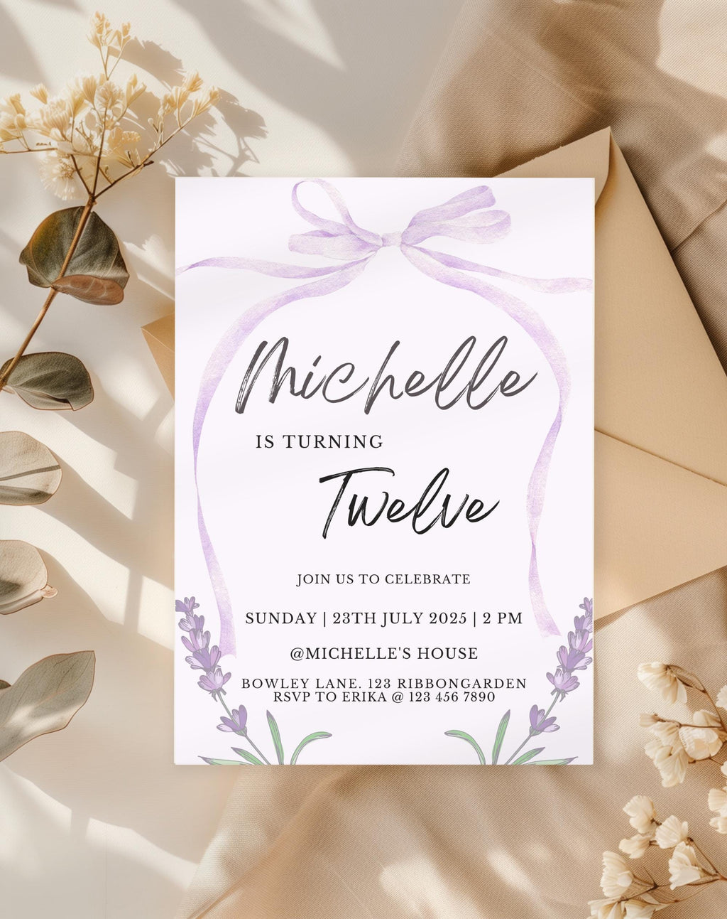 Lavender Bow Birthday Party Invitation