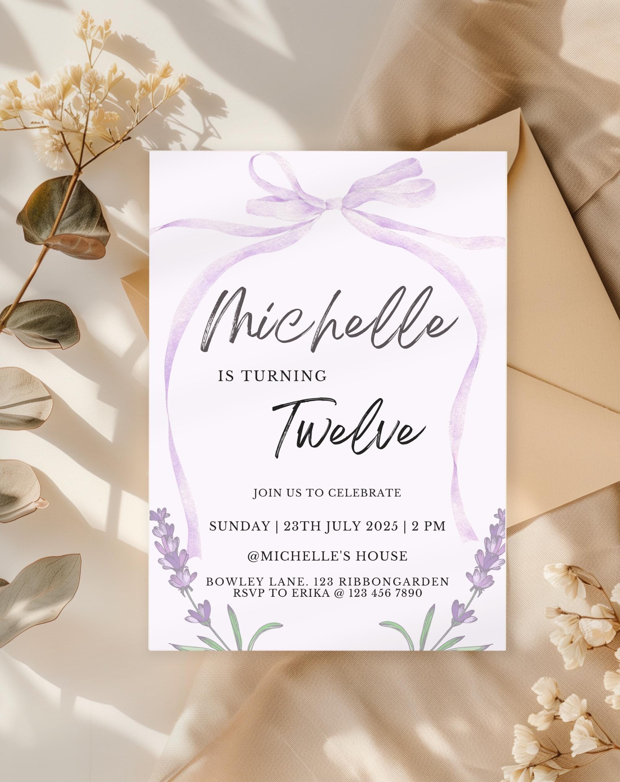 Lavender Bow Birthday Party Invitation