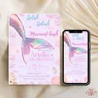 9th Mermaid Pastel Under the Sea Birthday Invitation - editable Canva template gallery image