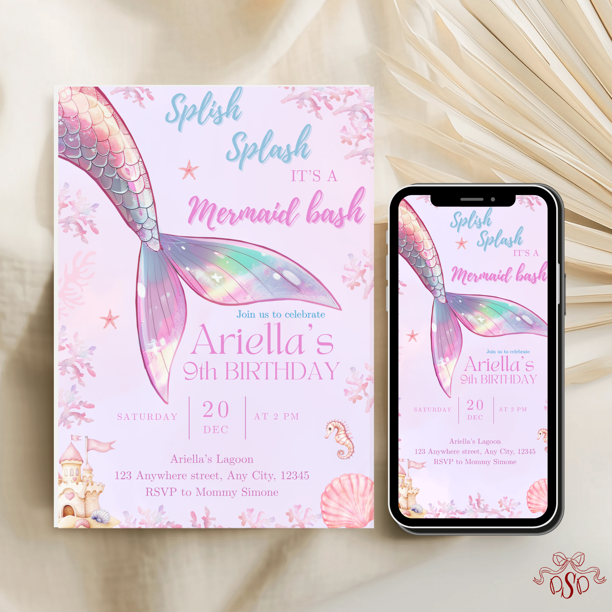 9th Mermaid Pastel Under the Sea Birthday Invitation - editable Canva template gallery image
