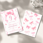 9th Pink Bow Soft Blush Birthday Invitation - editable Canva template gallery image