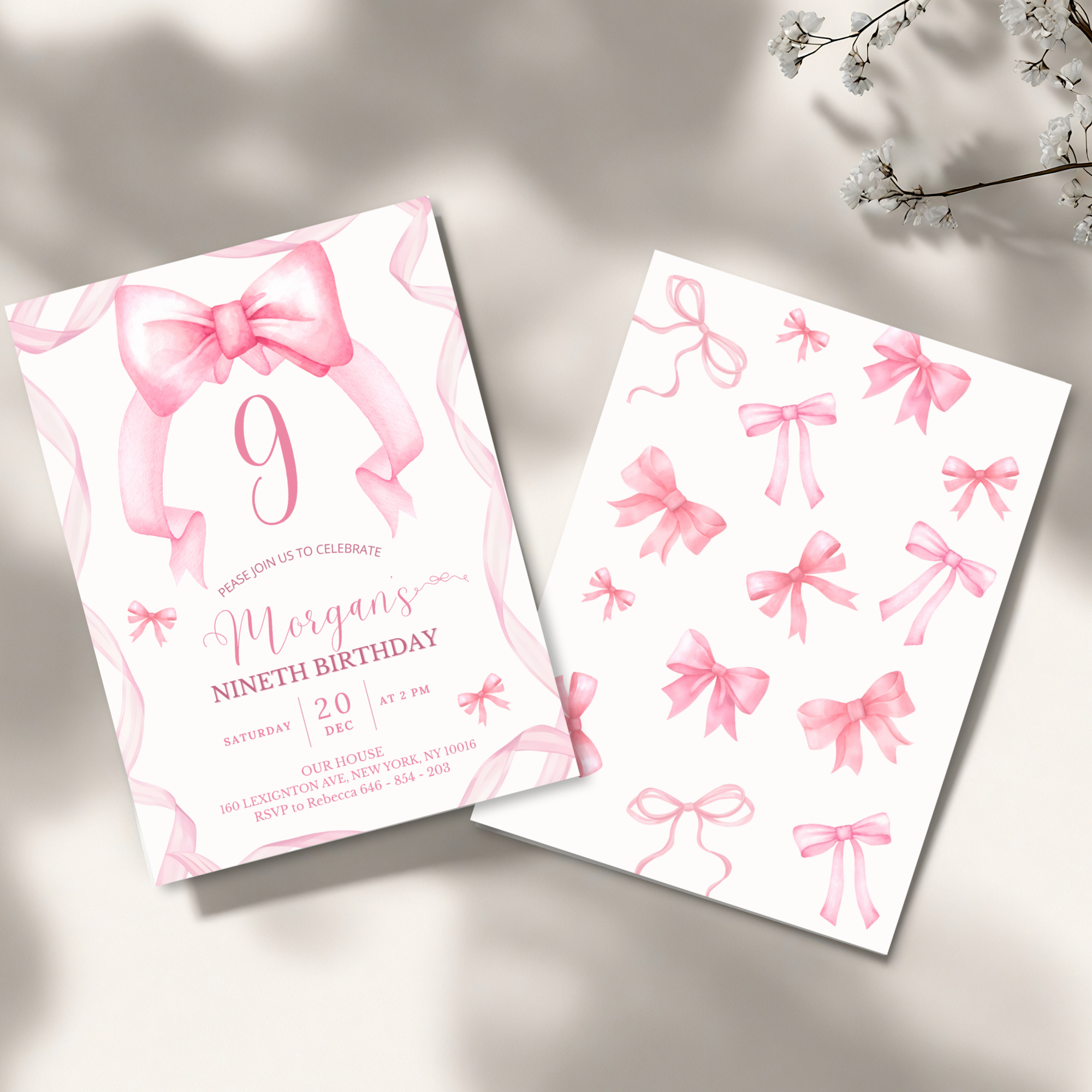 9th Pink Bow Soft Blush Birthday Invitation - editable Canva template gallery image