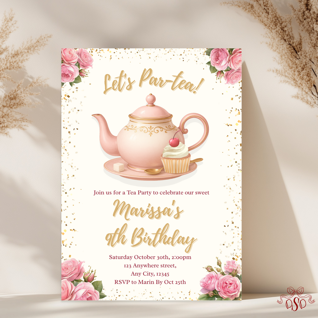 9th Pink Floral Tea Party Birthday Invitation - main design preview