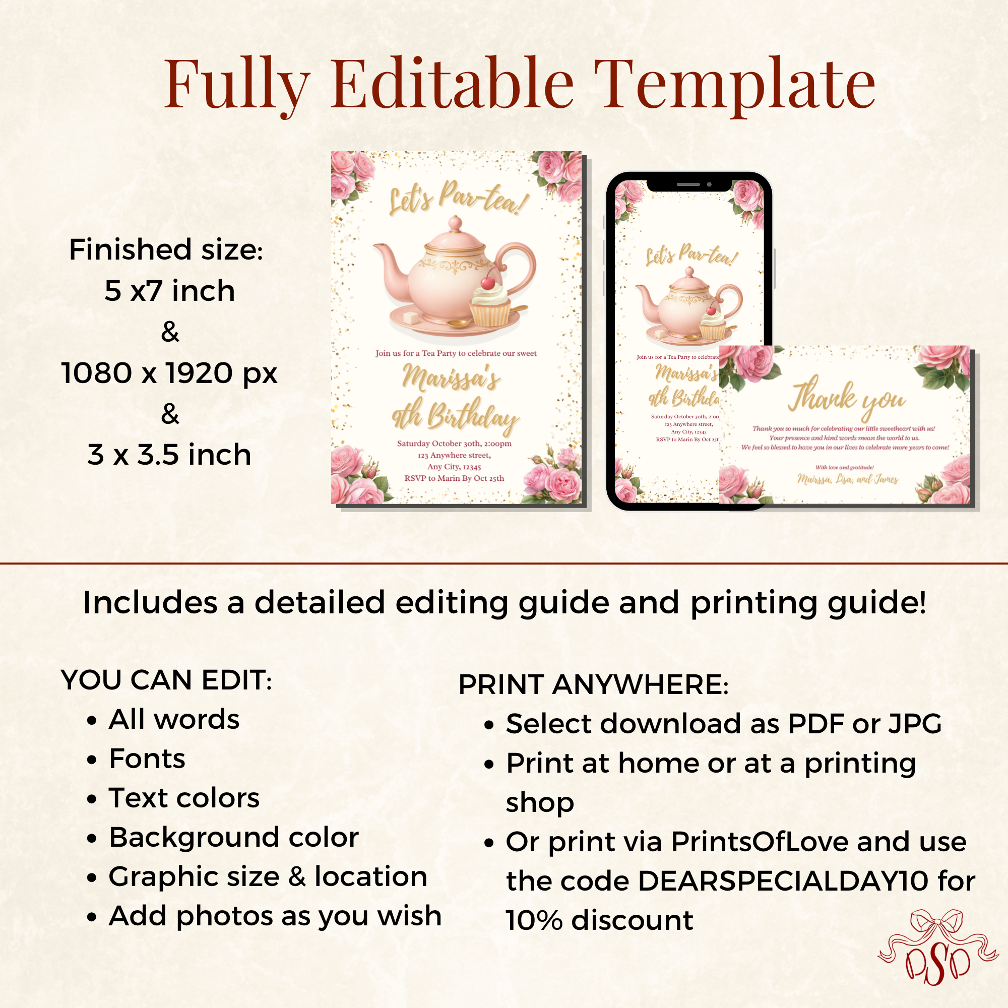 9th Pink Floral Tea Party Birthday Invitation - additional gallery view