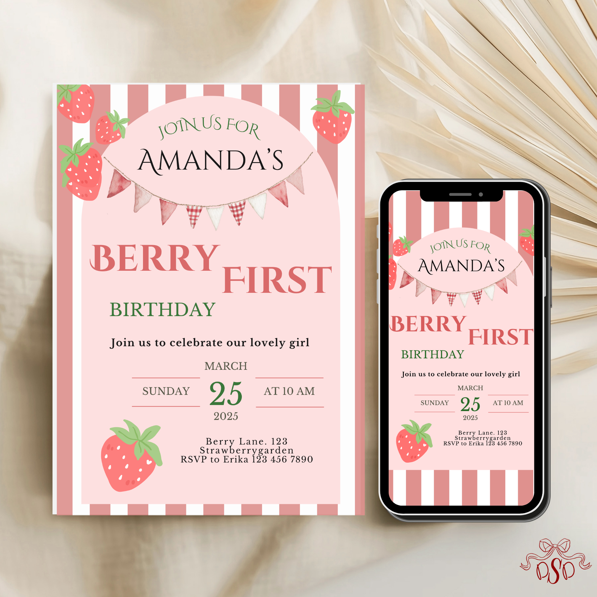 First Birthday Invitation Strawberry Theme