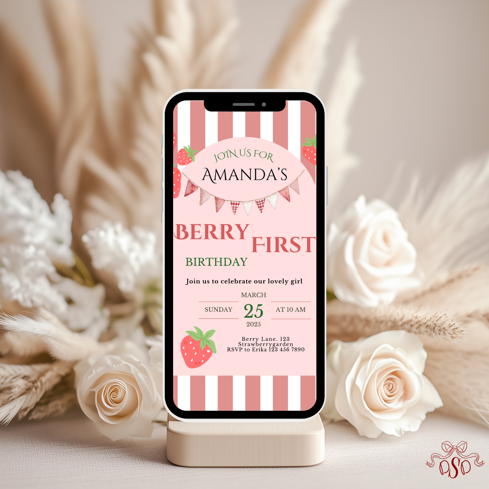 First Birthday Invitation Strawberry Theme