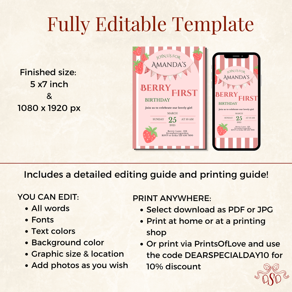 First Birthday Invitation Strawberry Theme