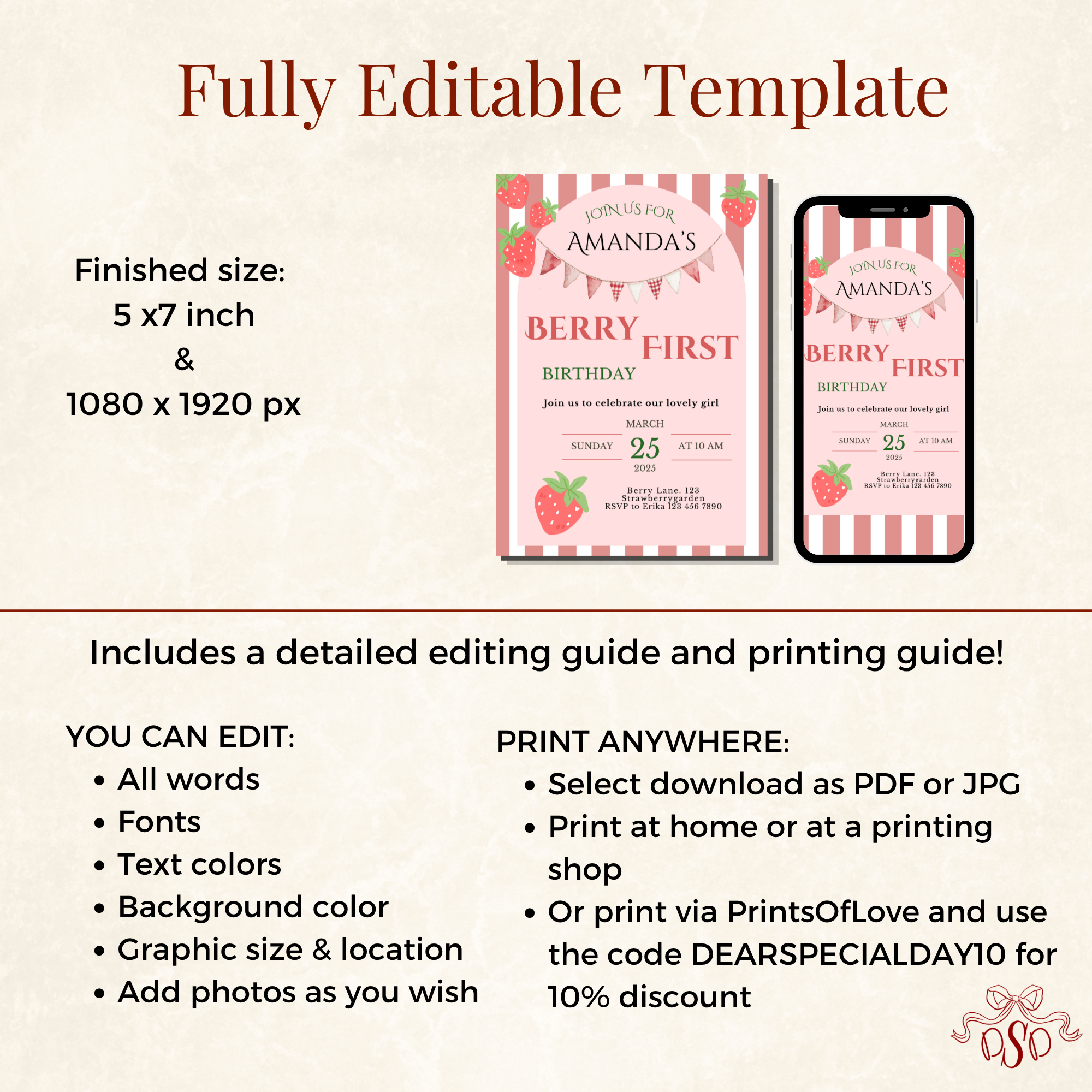 First Birthday Invitation Strawberry Theme