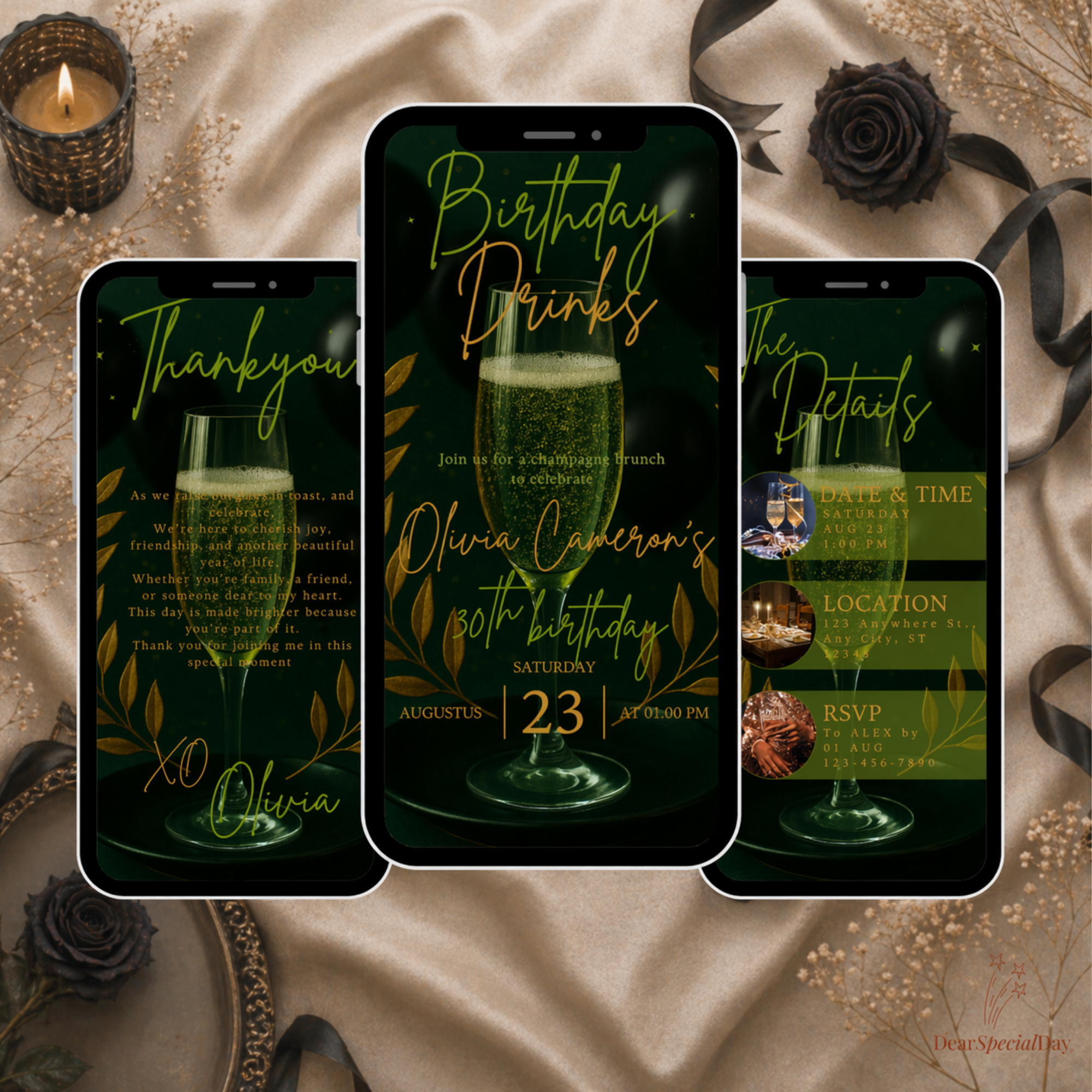 Green and Gold 30th Birthday Drinks Invitation