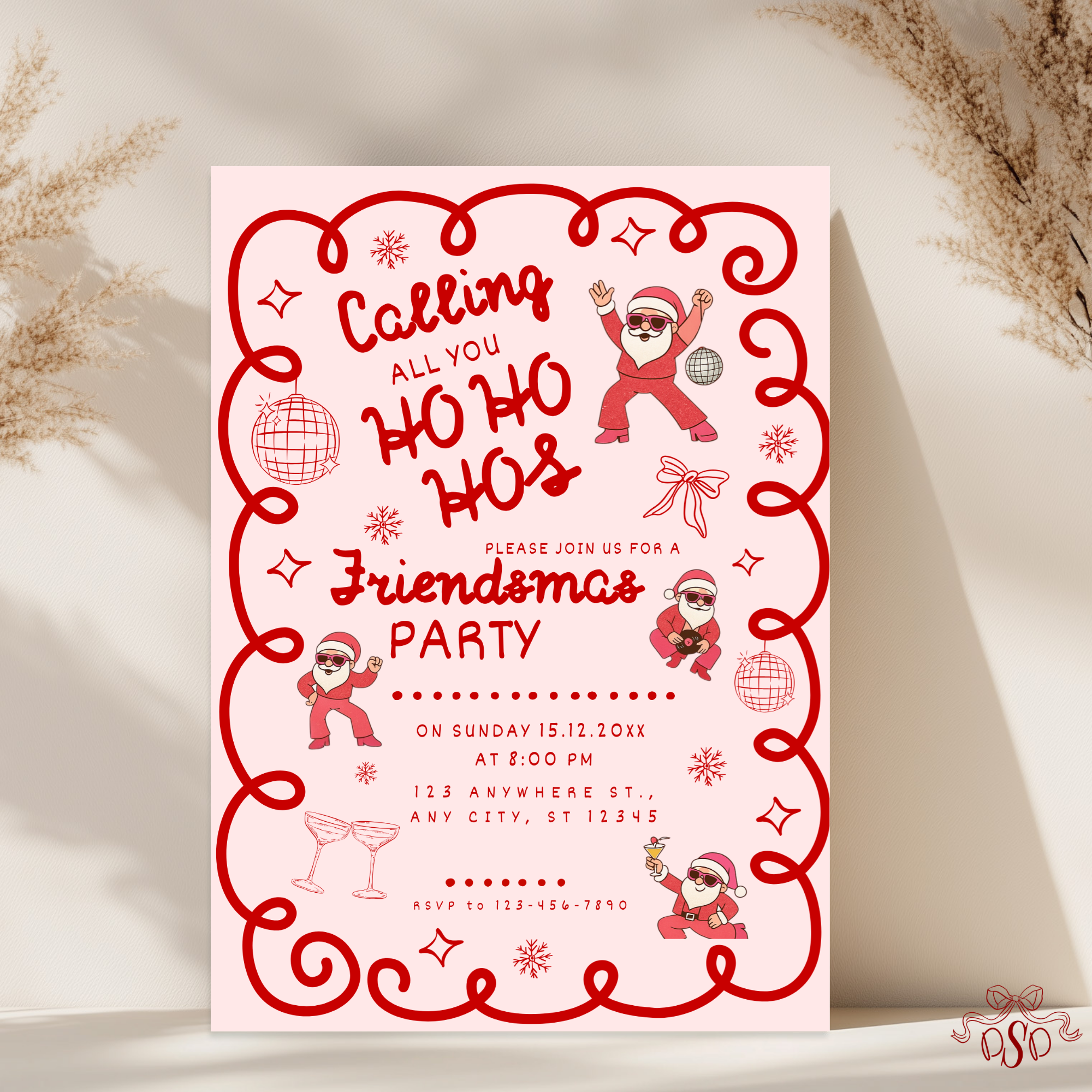 Christmas Pink/Red Retro Friendsmas Party Invitation