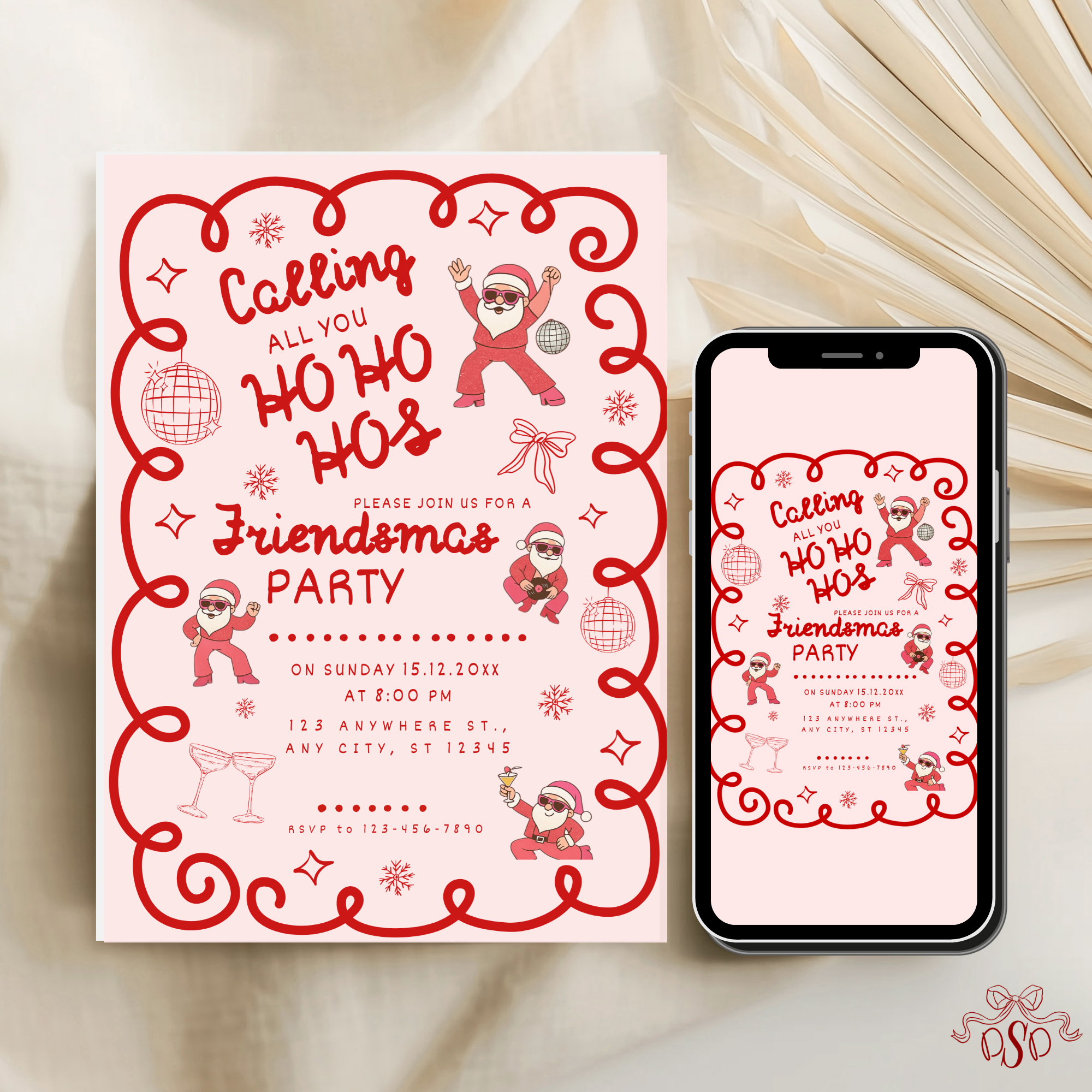 Christmas Pink/Red Retro Friendsmas Party Invitation