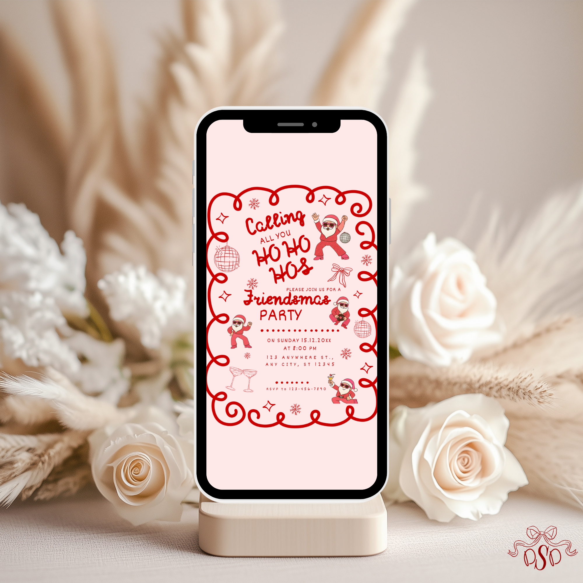 Christmas Pink/Red Retro Friendsmas Party Invitation