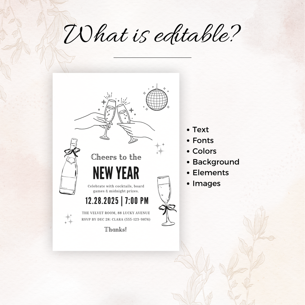 Black & White Cheers New Year Invitation