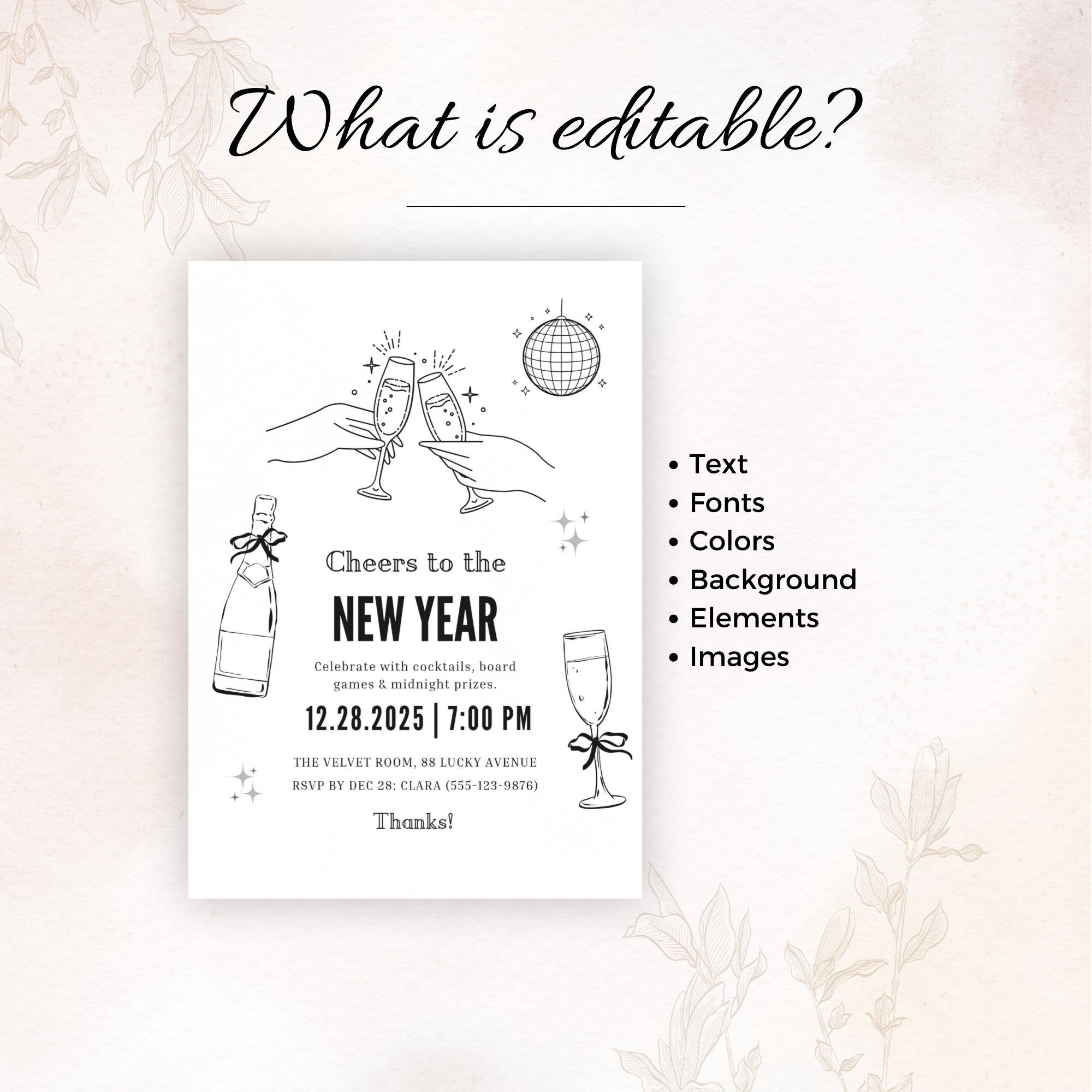 Black & White Cheers New Year Invitation