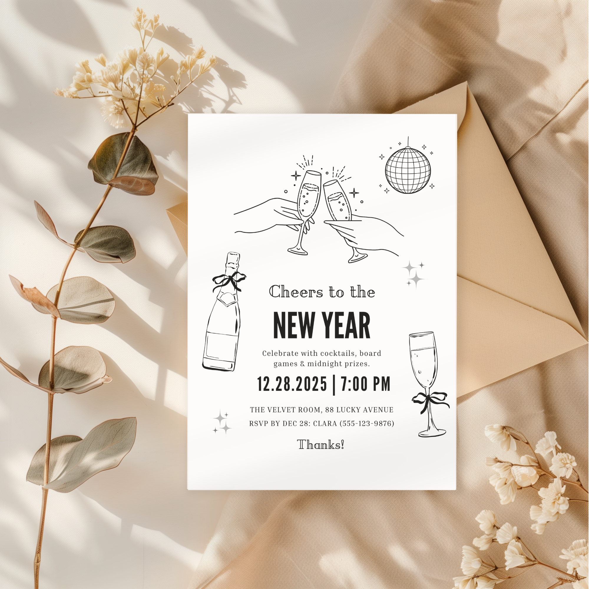 Black & White Cheers New Year Invitation