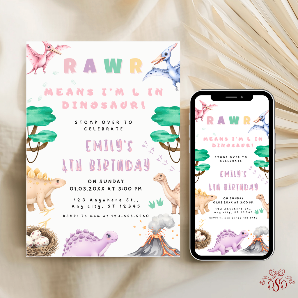 4th Dinosaur Pastel Birthday Invitation