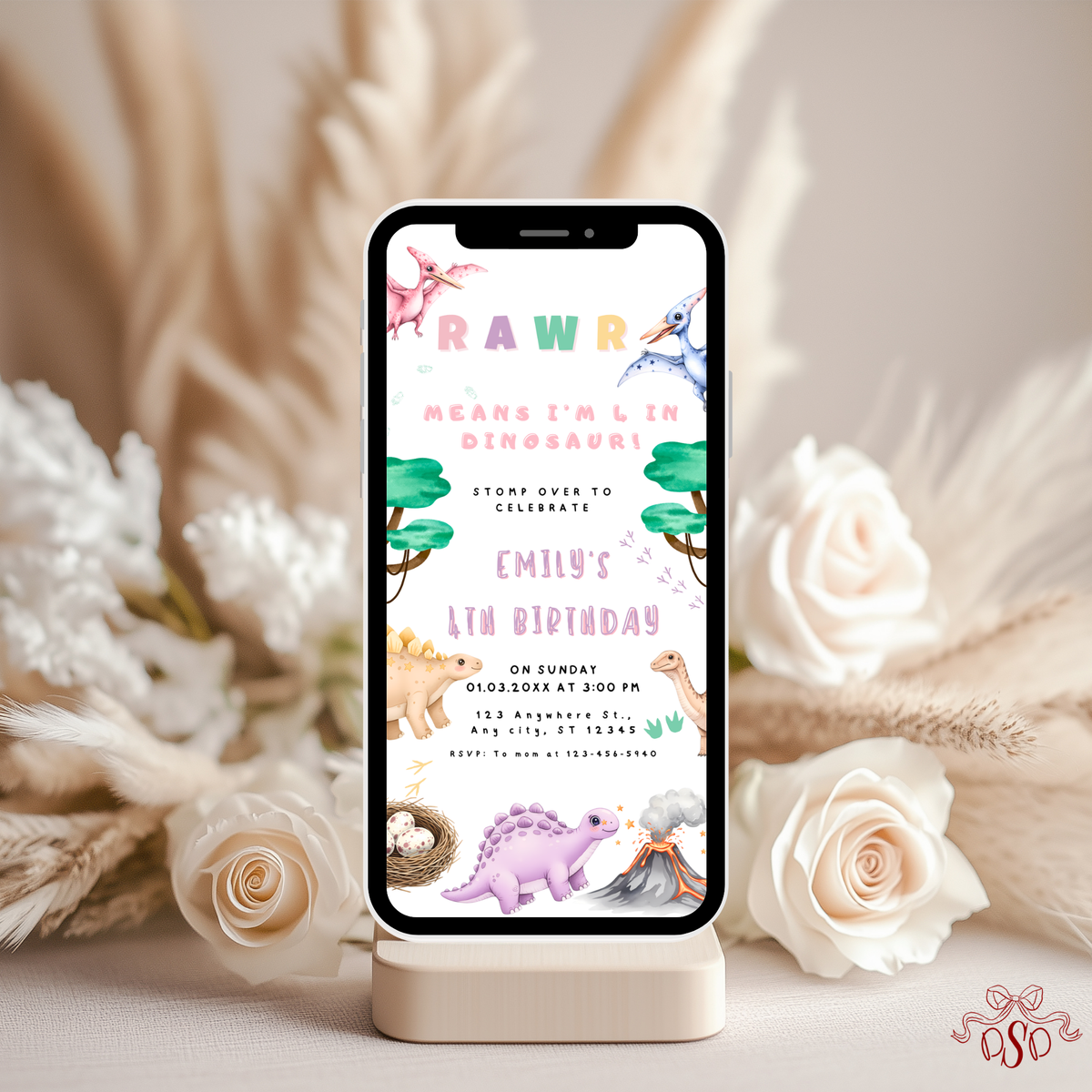4th Dinosaur Pastel Birthday Invitation