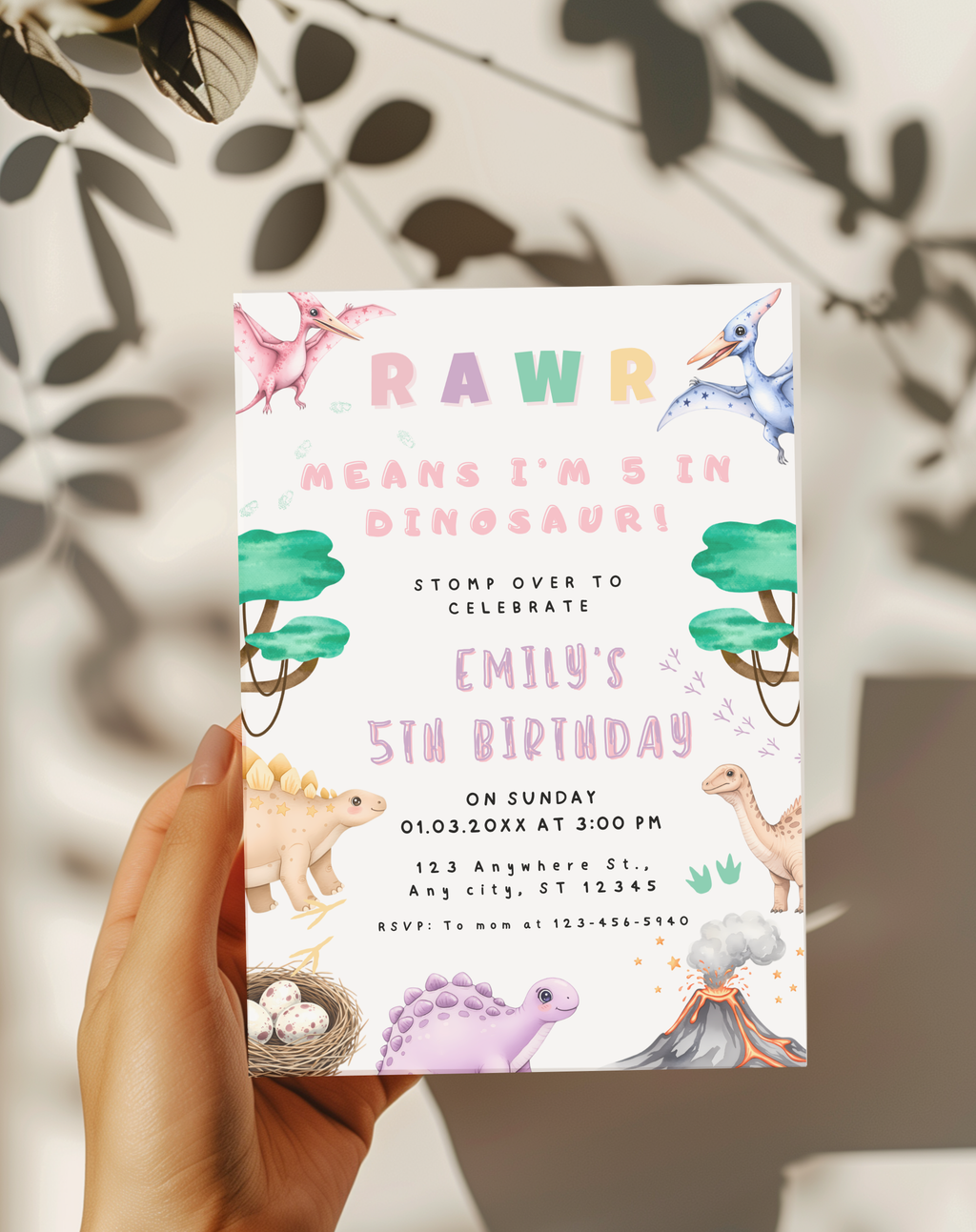 5th Dinosaur Pastel Birthday Invitation