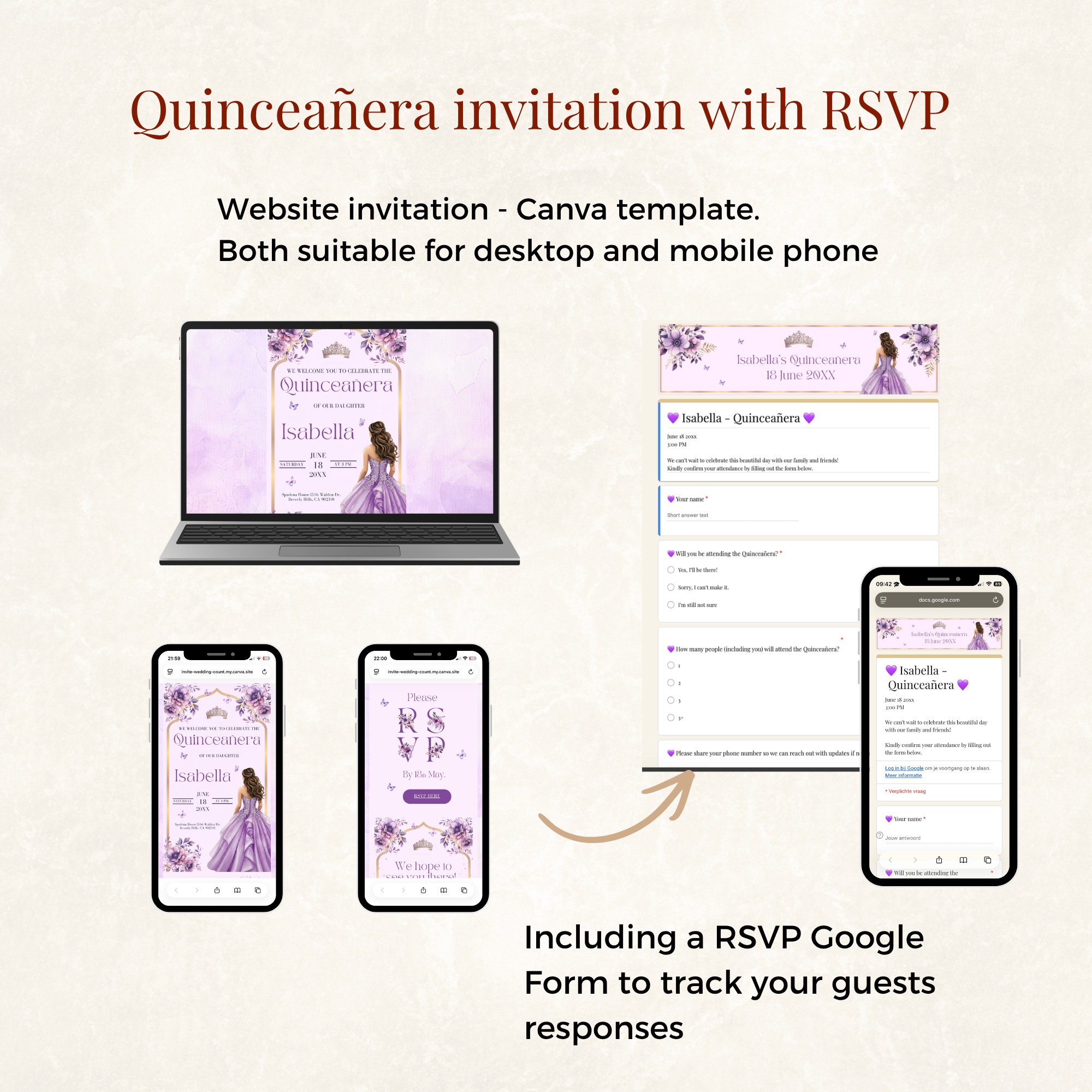 Purple Floral and Butterfly Quinceañera Website Invitation