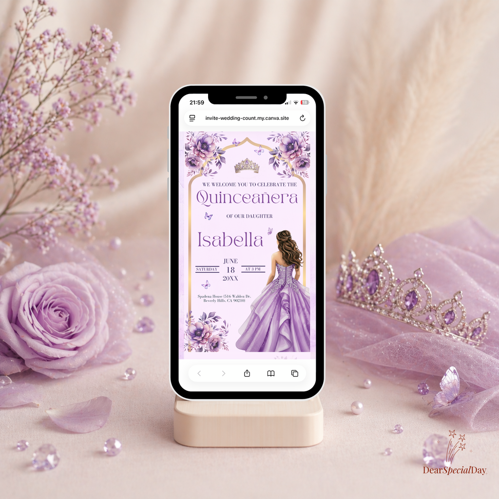 Purple Floral and Butterfly Quinceañera Website Invitation