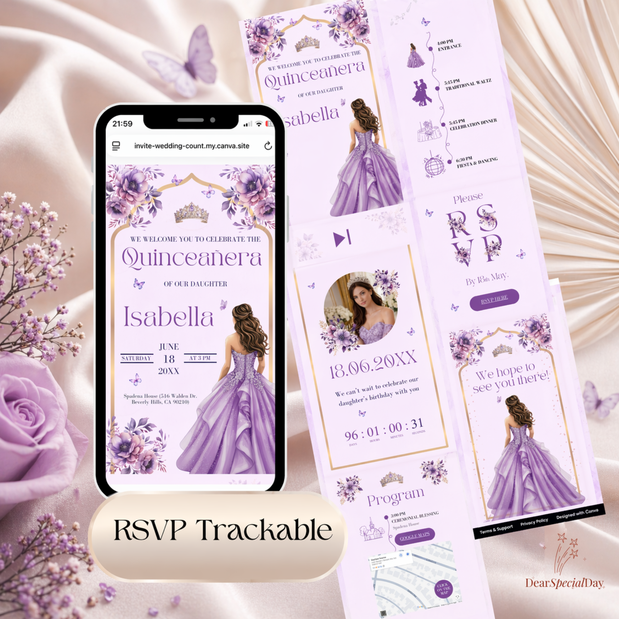 Purple Floral and Butterfly Quinceañera Website Invitation