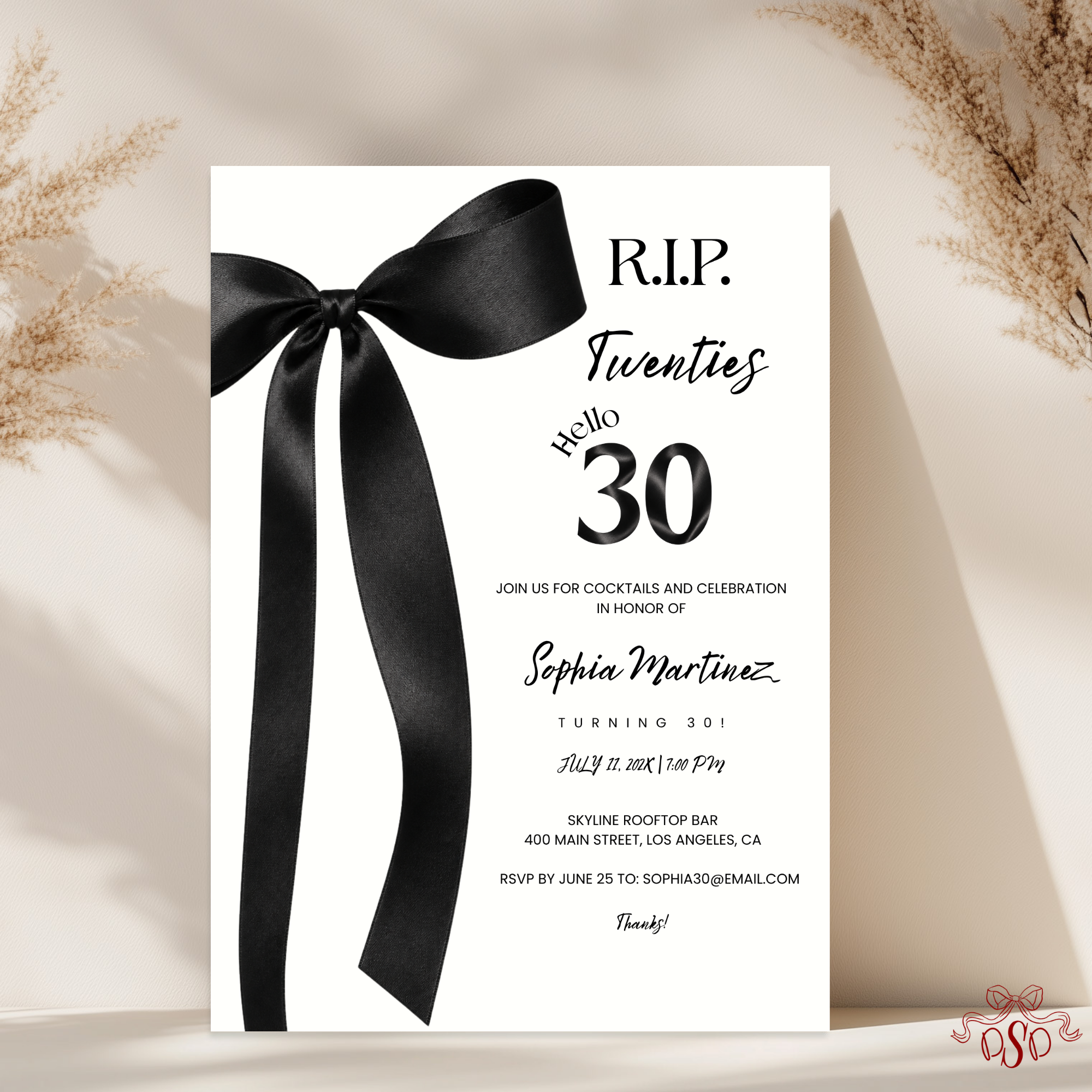 Black Bow RIP Twenties Birthday Invitation