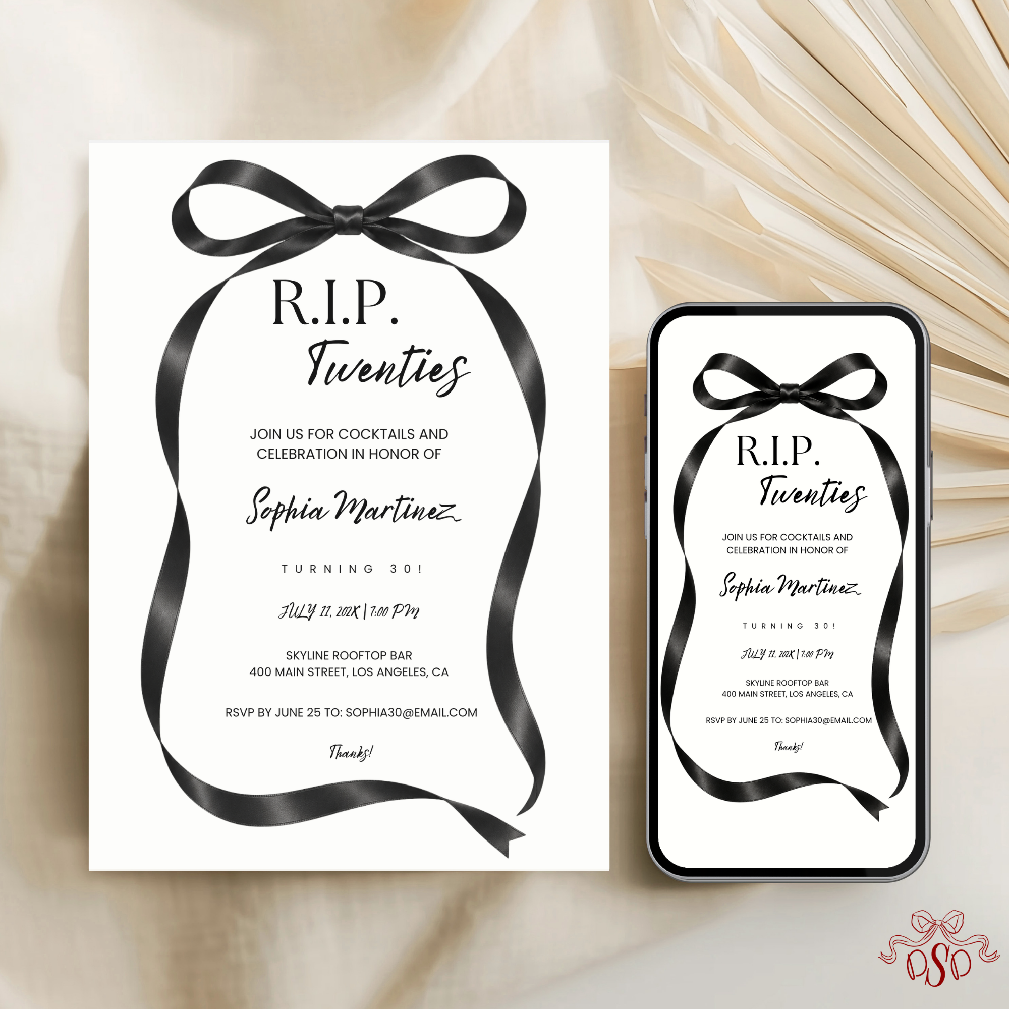 Black Satin Bow RIP Twenties 30th Birthday Invitation