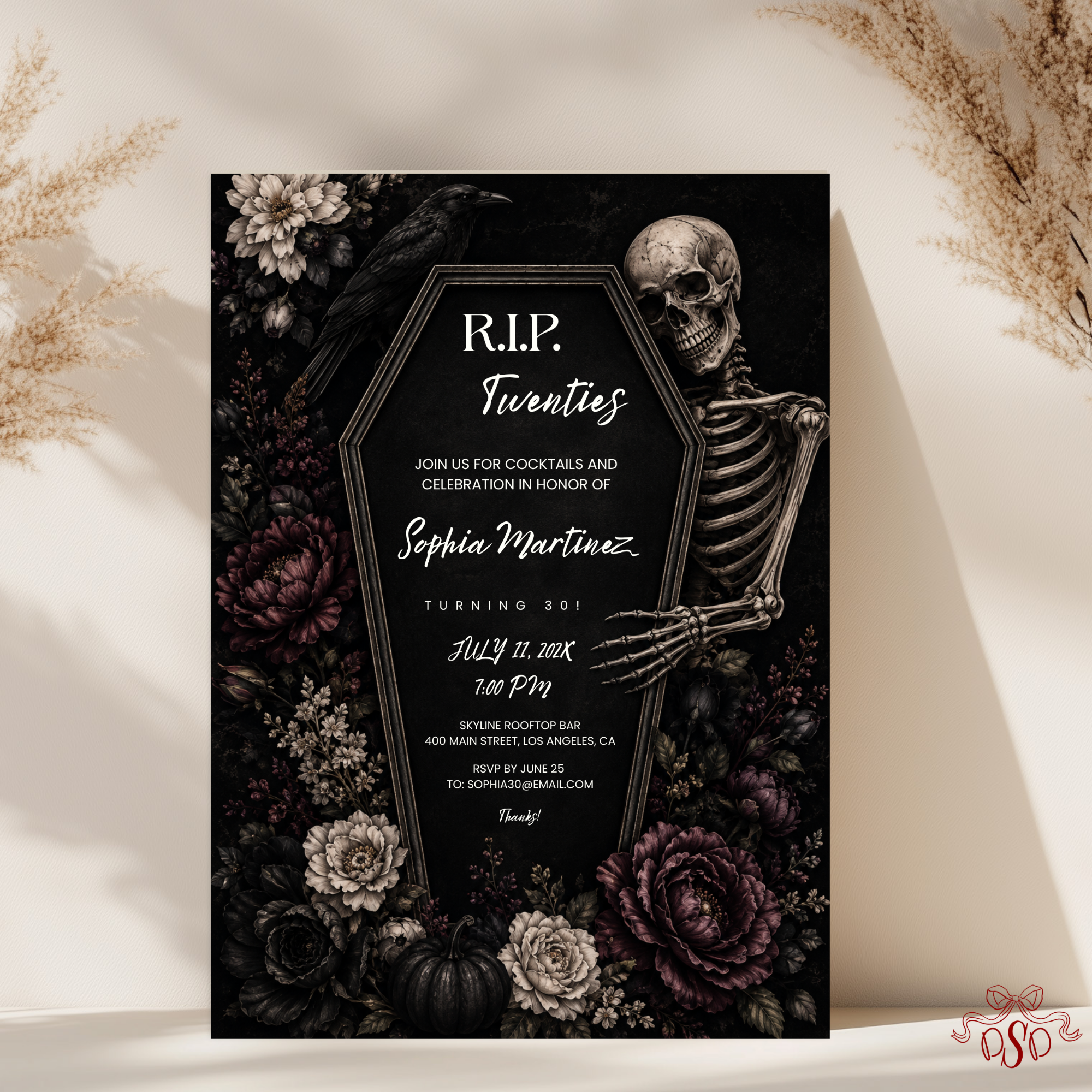 Floral Coffin RIP Twenties Birthday Invitation