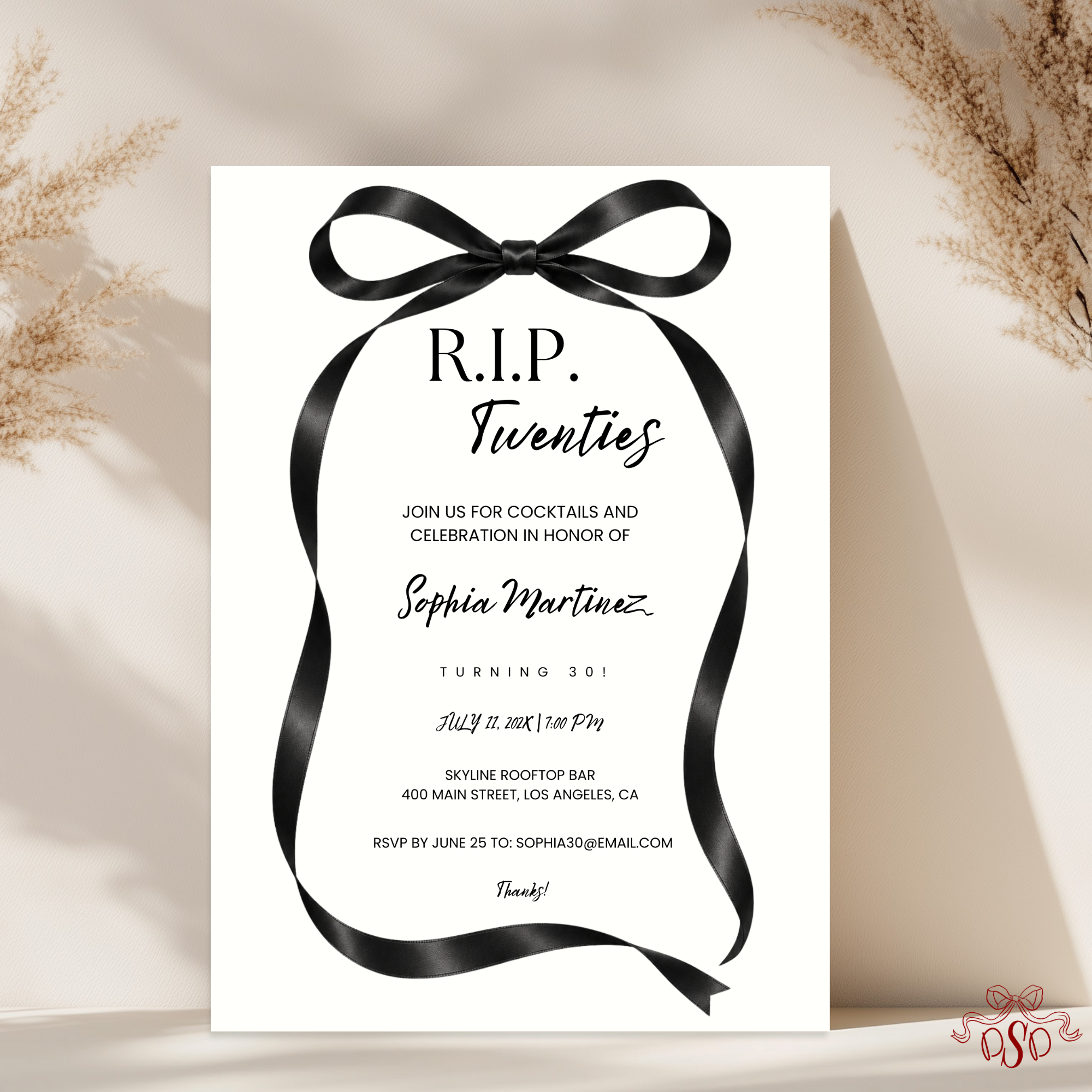 Black Satin Bow RIP Twenties 30th Birthday Invitation