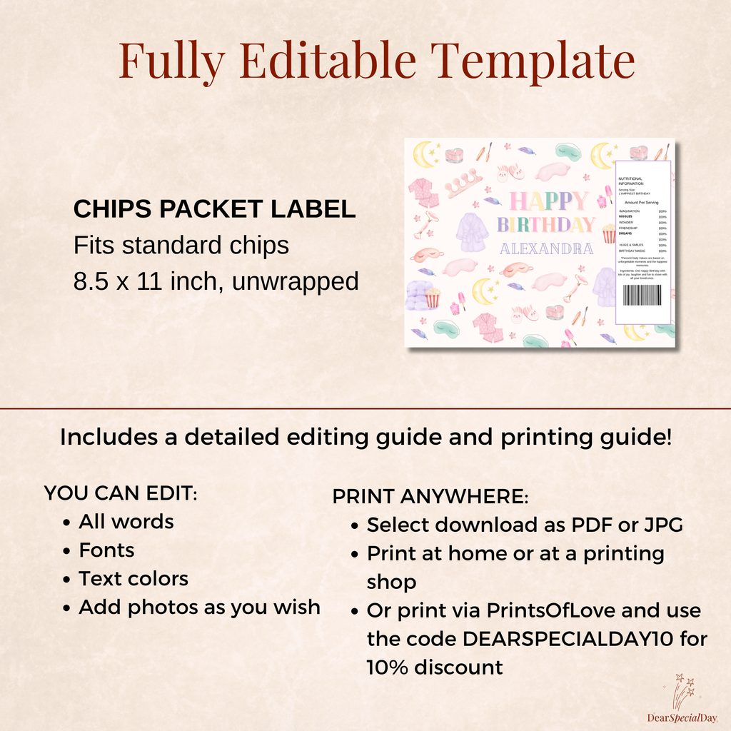 Pastel Spa Party Chip Bag Wrapper Template