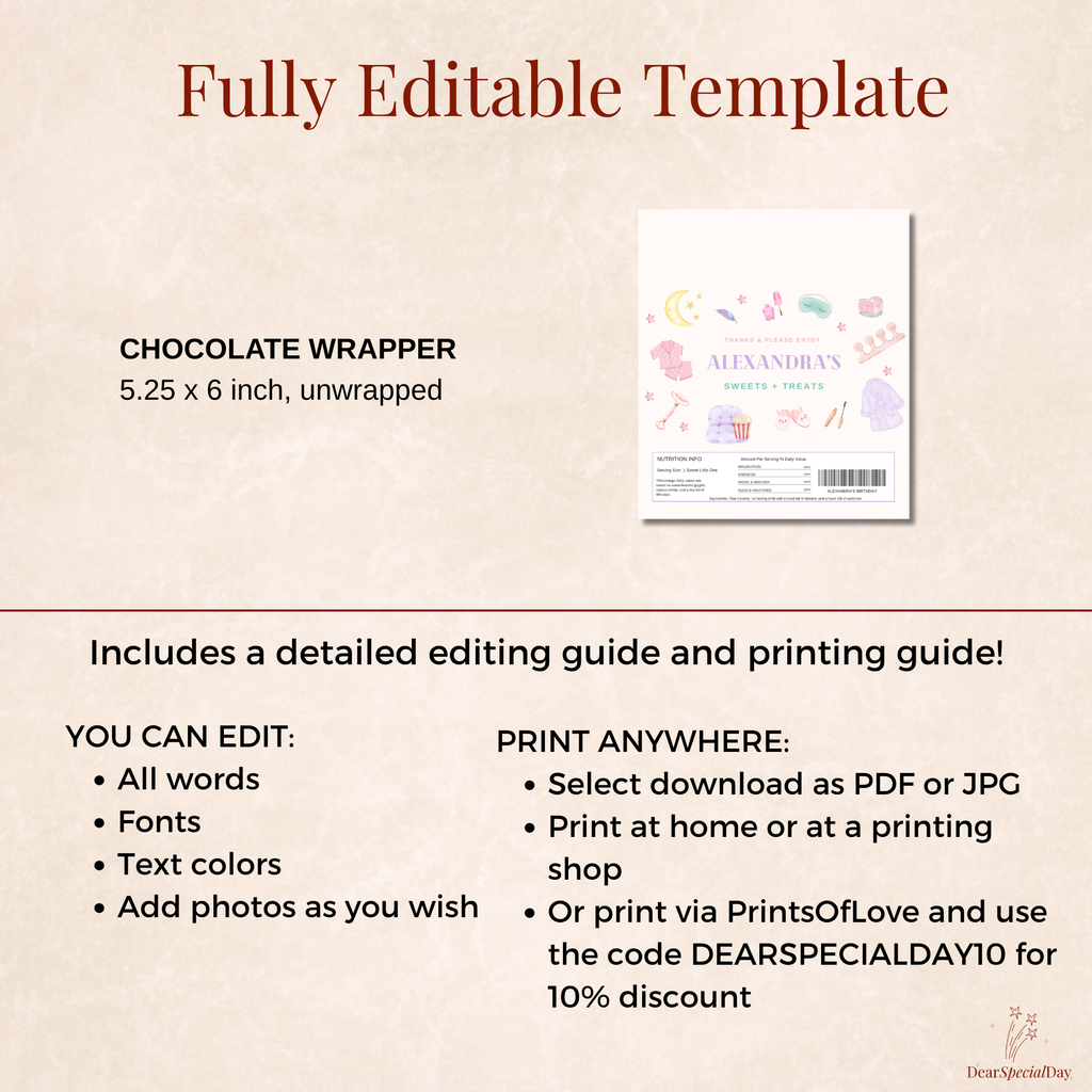 Pastel Spa Party Chocolate Bar Wrapper Template
