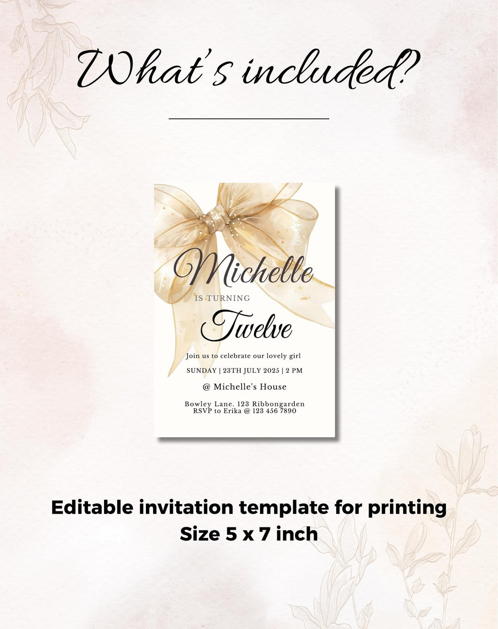 Gold Sheer Bow Birthday Party Invitation