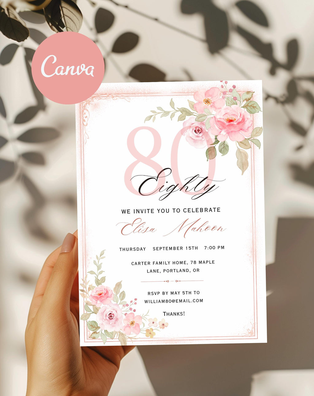 80th Birthday Invitation Pink Floral Elegant Invitation