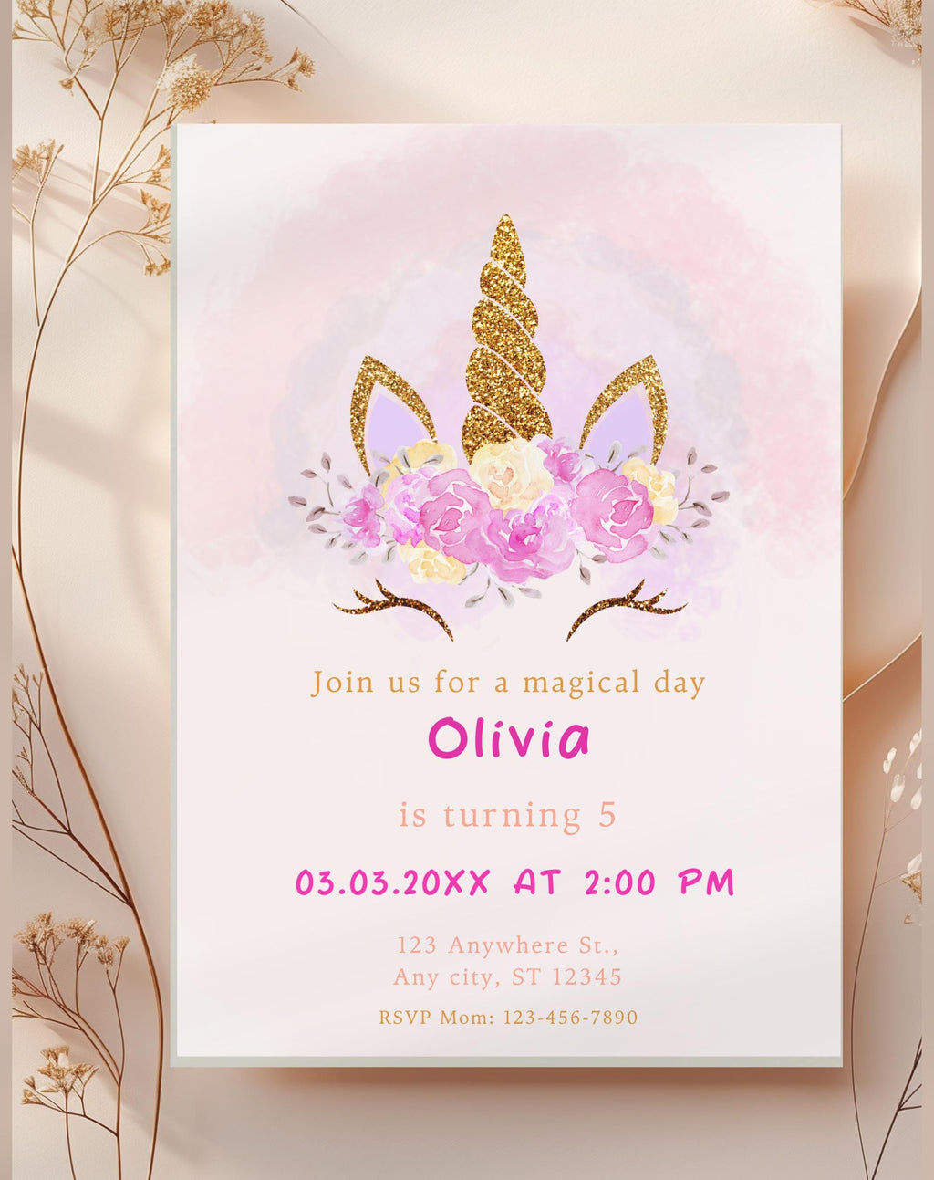 Unicorn Pink Gold Floral Birthday Invitation