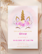 Unicorn Pink Gold Floral Birthday Invitation