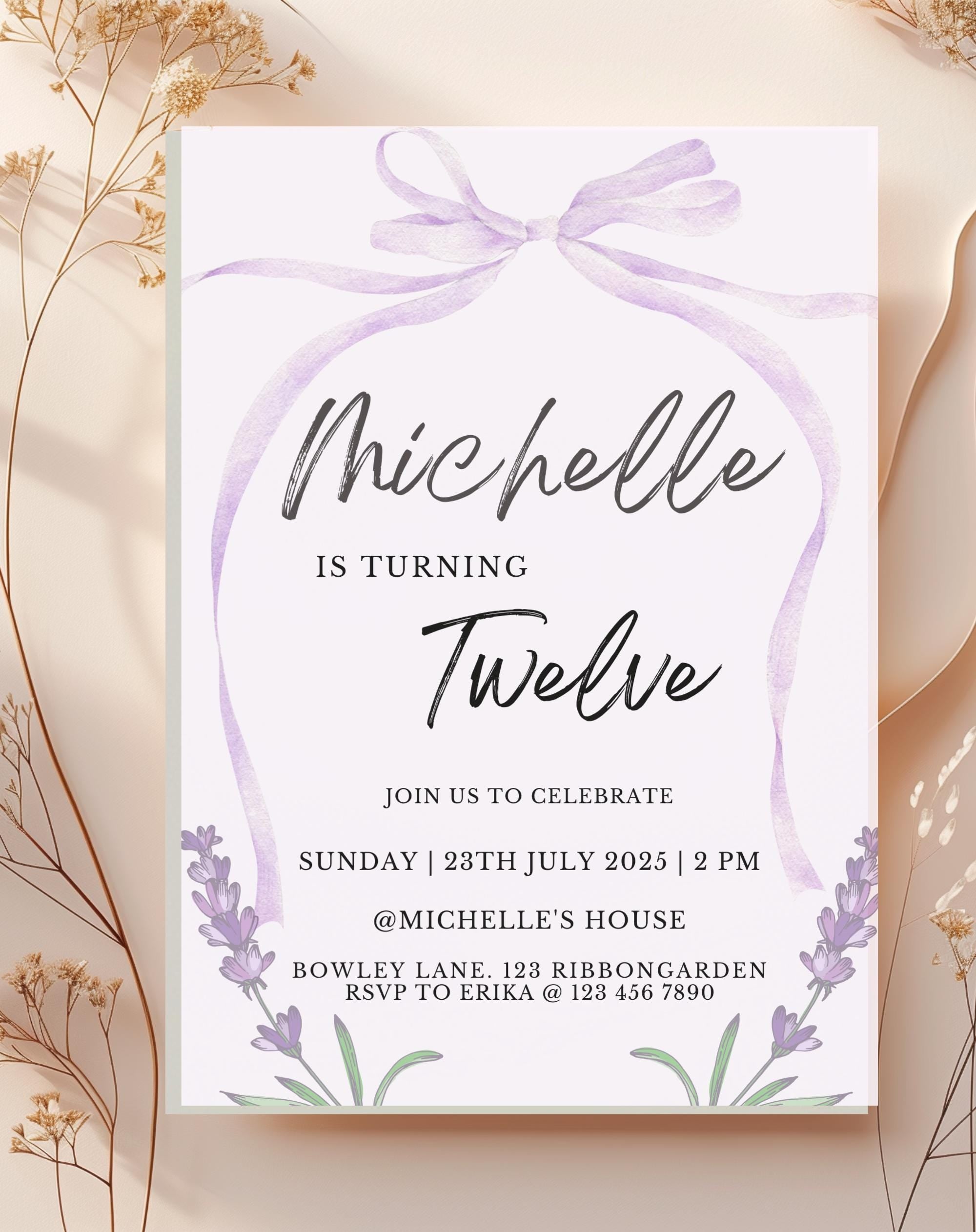 Lavender Bow Birthday Party Invitation