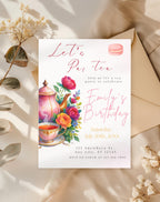 Tea Party Watercolor Floral Macaron Birthday Invitation