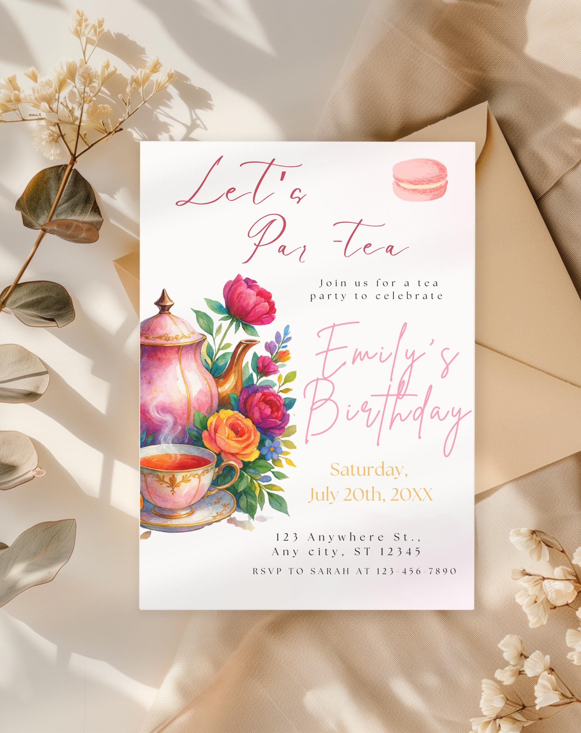 Tea Party Watercolor Floral Macaron Birthday Invitation