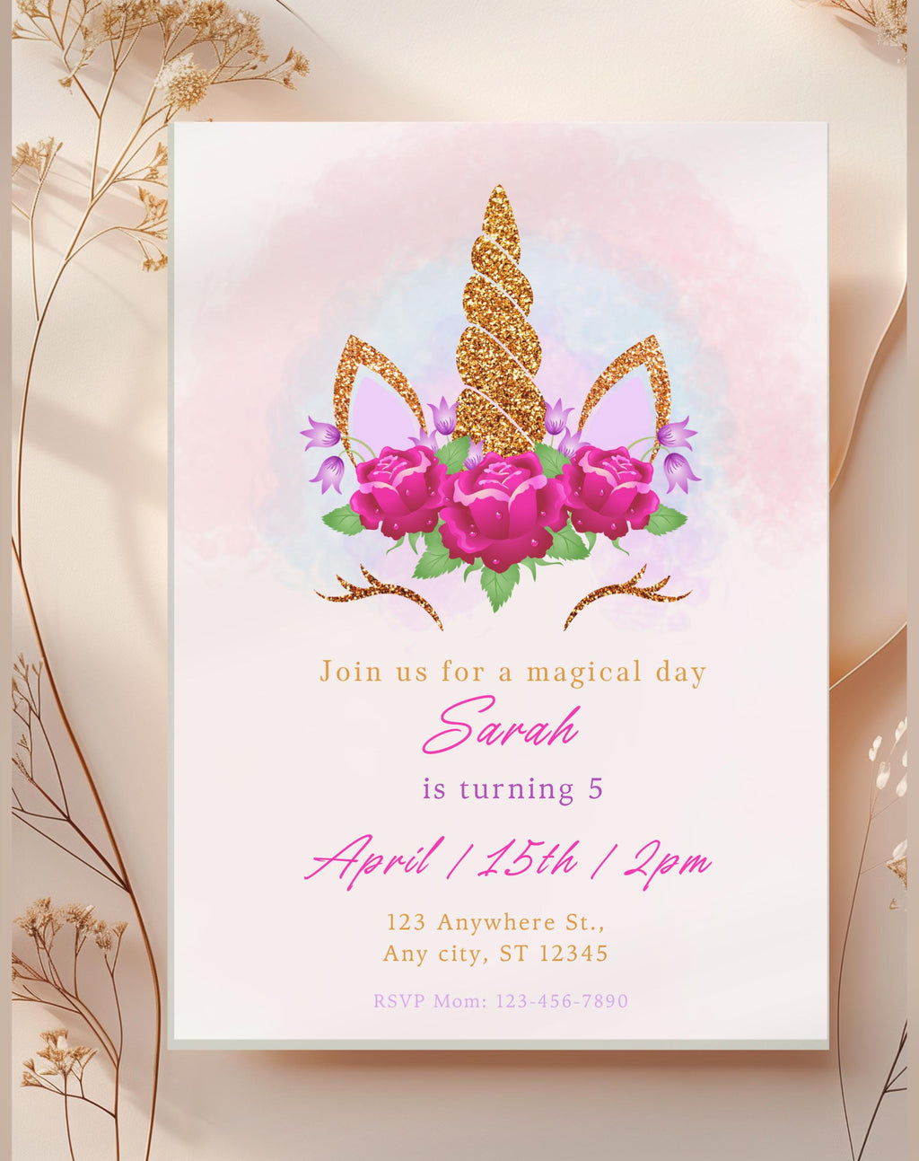 Unicorn Pink Gold Floral Birthday Invitation