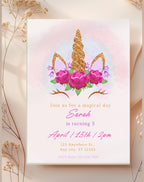 Unicorn Pink Gold Floral Birthday Invitation
