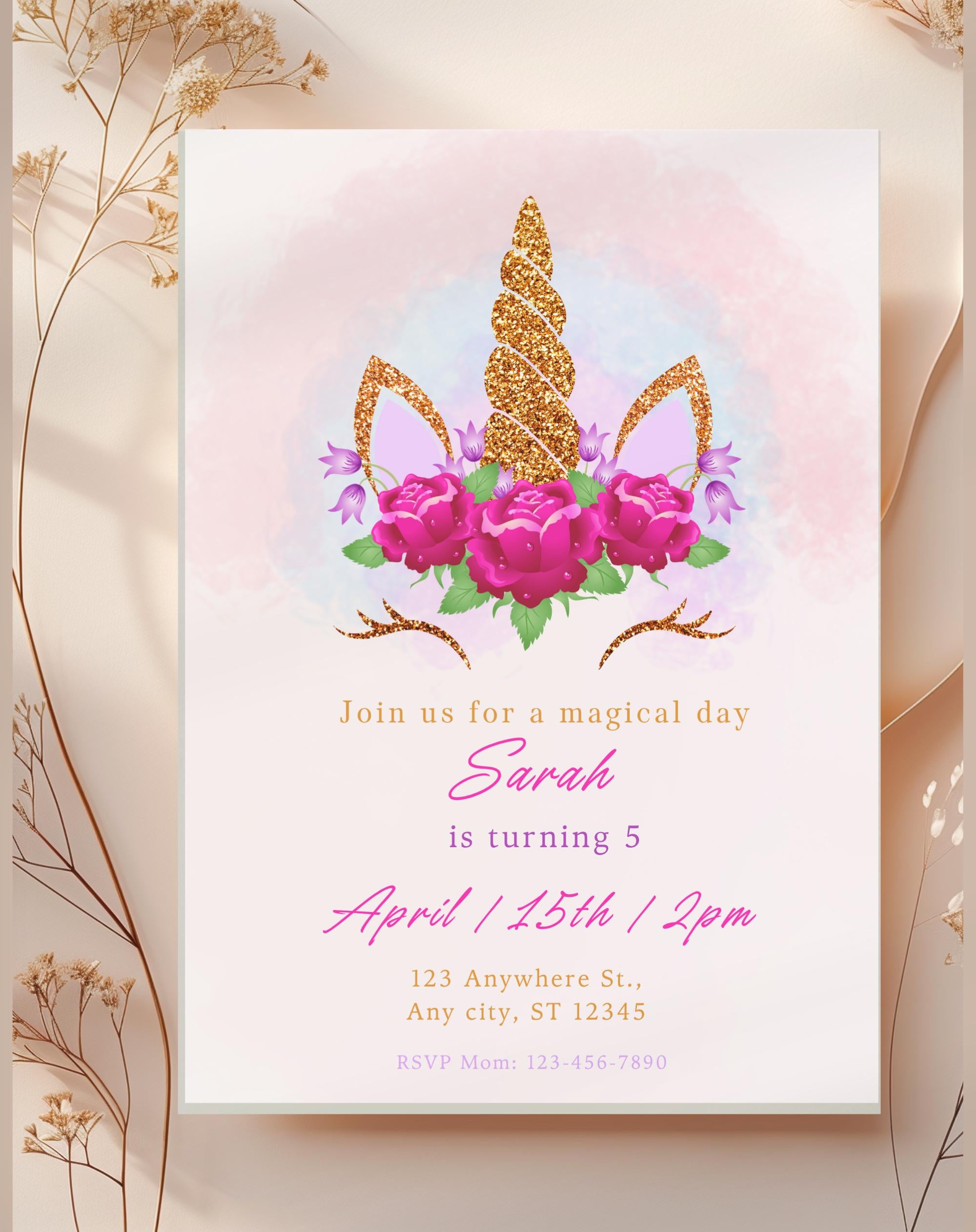 Unicorn Pink Gold Floral Birthday Invitation