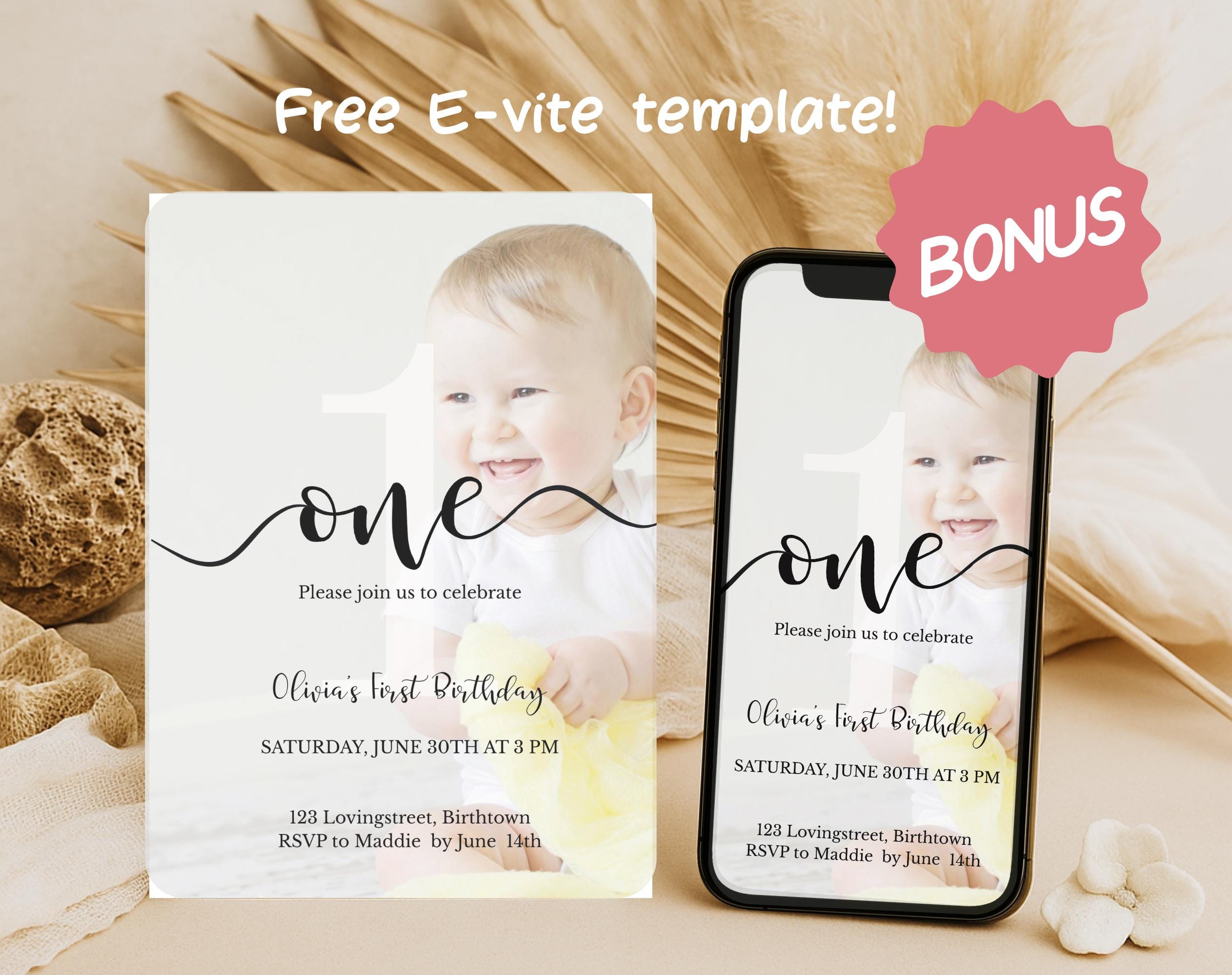 Minimal Photo First Birthday Invitation