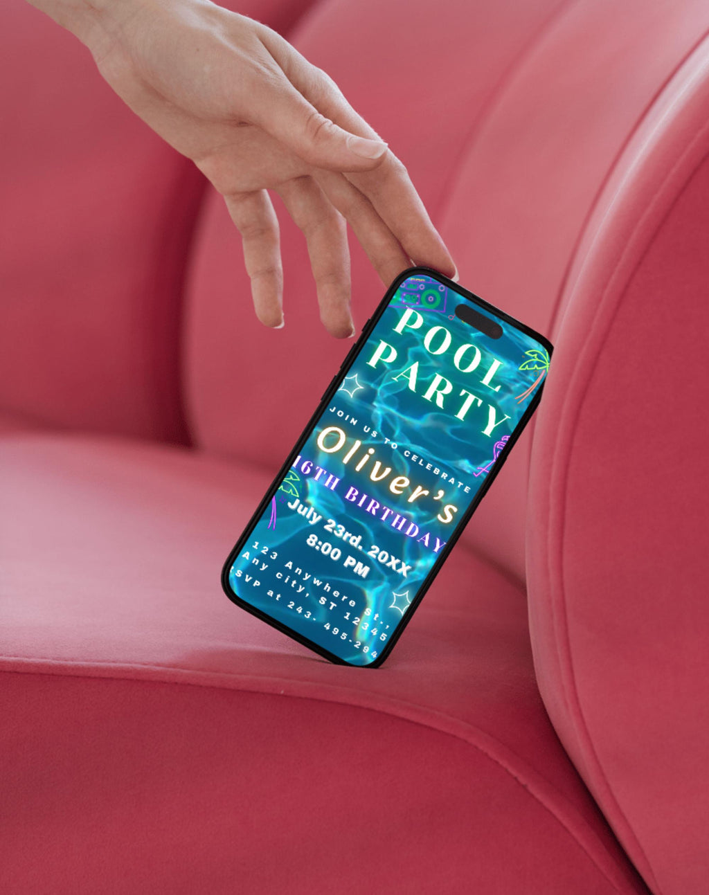 Neon Blue/Gold Pool Party Invitation (E-vite)