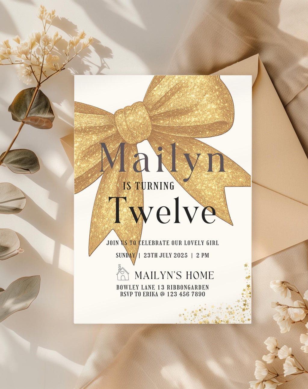 Gold Glitter Bow Birthday Invitation
