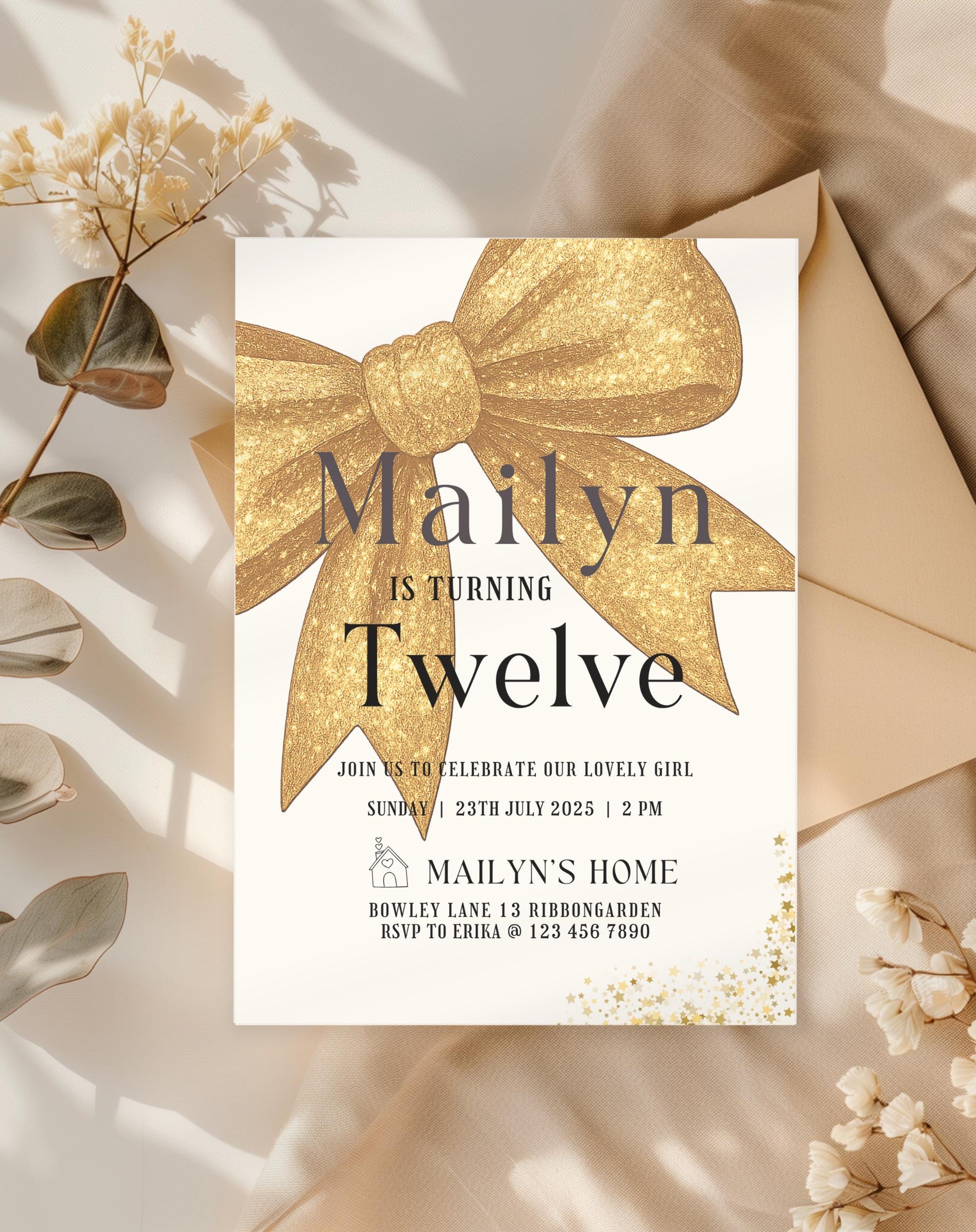 Gold Glitter Bow Birthday Invitation
