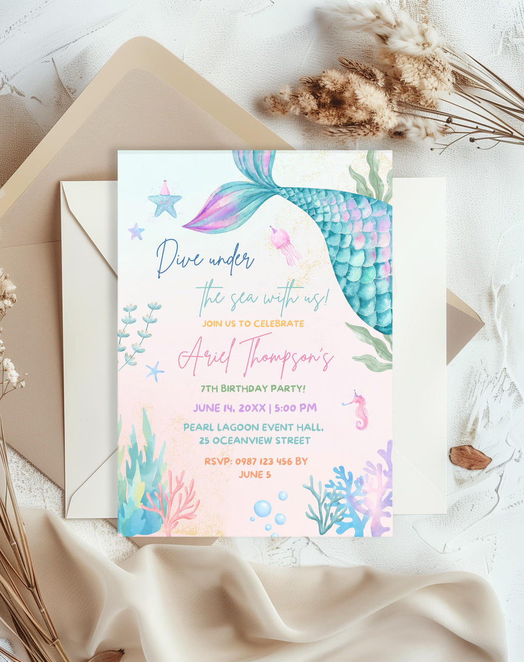 Pastel Mermaid Tail Birthday Invitation